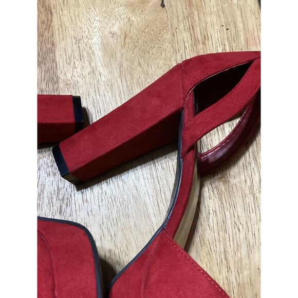 Womens High Block Heel Ankle Strap Open Toe Red Faux Suede Shoes Size 8.5 - Picture 6 of 14